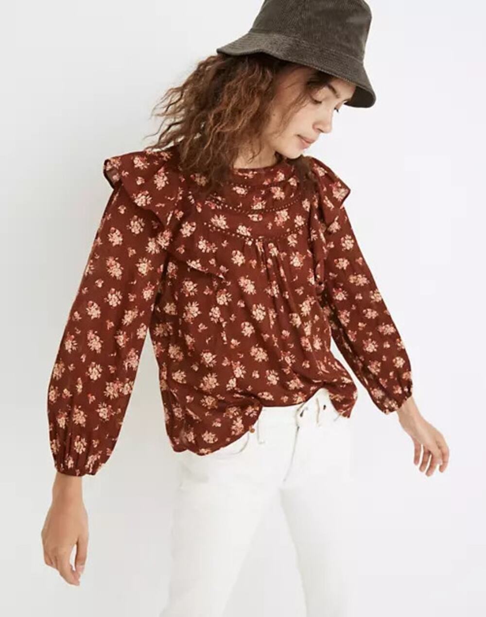 Madewell Ladder-Trim Ruffle Top Homestead Bouquet Mahogany Floral Small